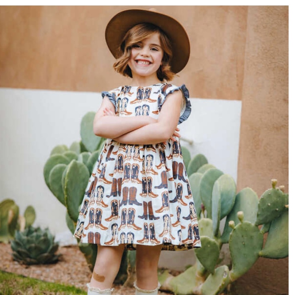 ❌SOLD X POST❌Pink Chicken Kids Dress with Cowboy Boot Pattern